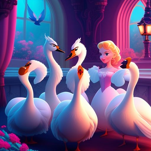 The fairy tale The Wild Swans. Princess Eliza. Eleven brothers turned into swans. Walt Disney Animation Studios film. Traditional animation, with the characters in the style of a walt disney animation studios film, the animation should be traditional, with vivid colors and warm lighting, the image should be highly detailed and intricate, and include all eleven brothers turned into swans alongside the princess. trending on artstation and deviantart, with art by glen keane and andreas deja.