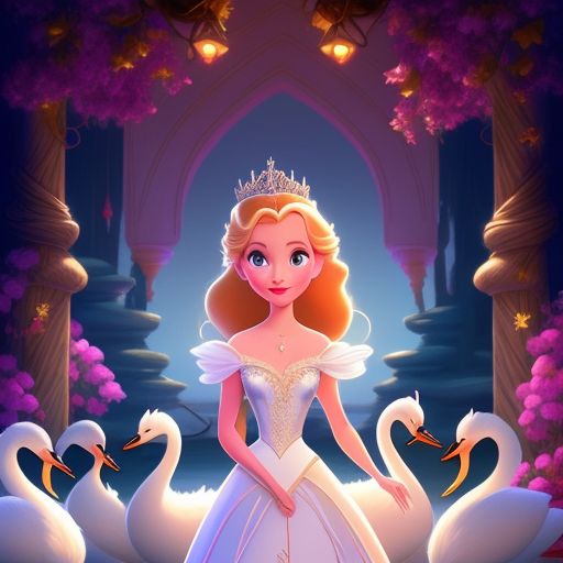 The fairy tale The Wild Swans. Princess Eliza. Walt Disney Animation Studios film. Traditional animation, with the characters in the style of a walt disney animation studios film, the animation should be traditional, with vivid colors and warm lighting, the image should be highly detailed and intricate, and include all eleven brothers turned into swans alongside the princess. trending on artstation and deviantart, with art by glen keane and andreas deja.