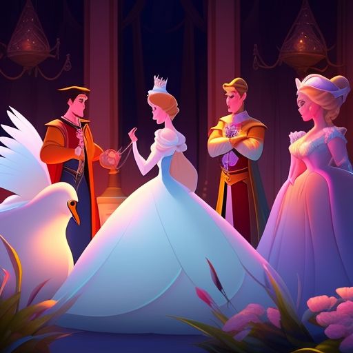 The fairy tale The Wild Swans. Princess Eliza. Walt Disney Animation Studios film. Traditional animation. Concept art., with the characters in the style of a walt disney animation studios film, the animation should be traditional, with vivid colors and warm lighting, the image should be highly detailed and intricate, and include all eleven brothers turned into swans alongside the princess. trending on artstation and deviantart, with art by glen keane and andreas deja.