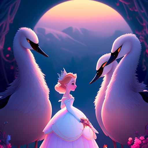 The fairy tale The Wild Swans. Princess Eliza. Walt Disney Animation Studios film. Traditional animation. Concept art., with the characters in the style of a walt disney animation studios film, the animation should be traditional, with vivid colors and warm lighting, the image should be highly detailed and intricate, and include all eleven brothers turned into swans alongside the princess. trending on artstation and deviantart, with art by glen keane and andreas deja.