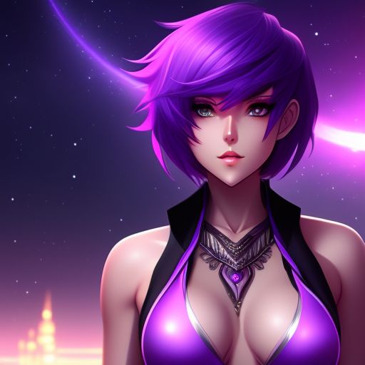 androgynous person with short purple hair. Hourglass figure. Magic purple, Anime, Shading and lighting, Semi relistic, Rendered, Beautiful scenery 