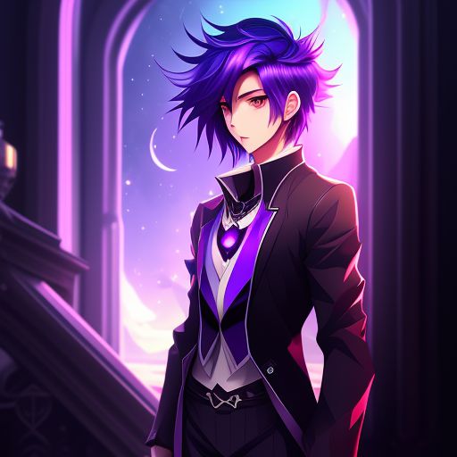 androgynous person with short purple hair (male like hair) Hourglass figure. Magic purple, Anime, Shading and lighting, Semi relistic, Rendered, Beautiful scenery 