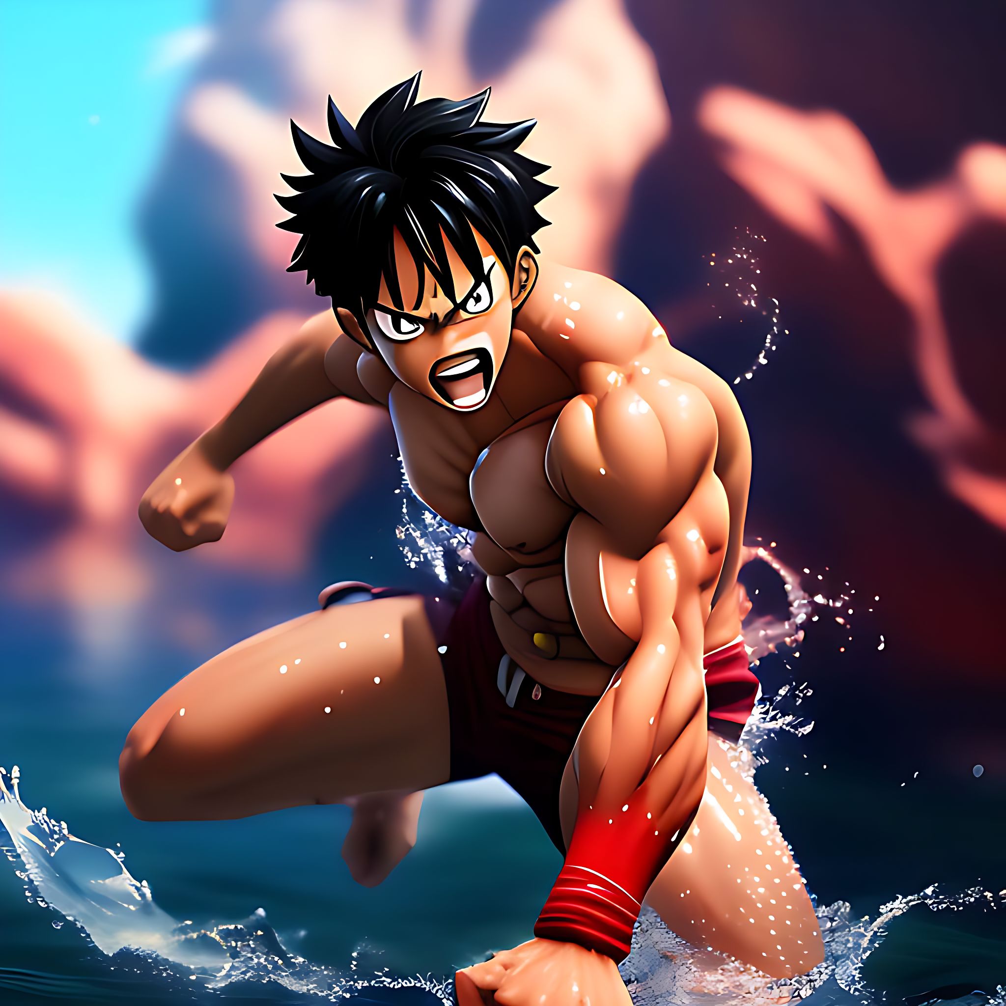 grown-alpaca714: Teenage Luffy swimming realistic 3d animated pic