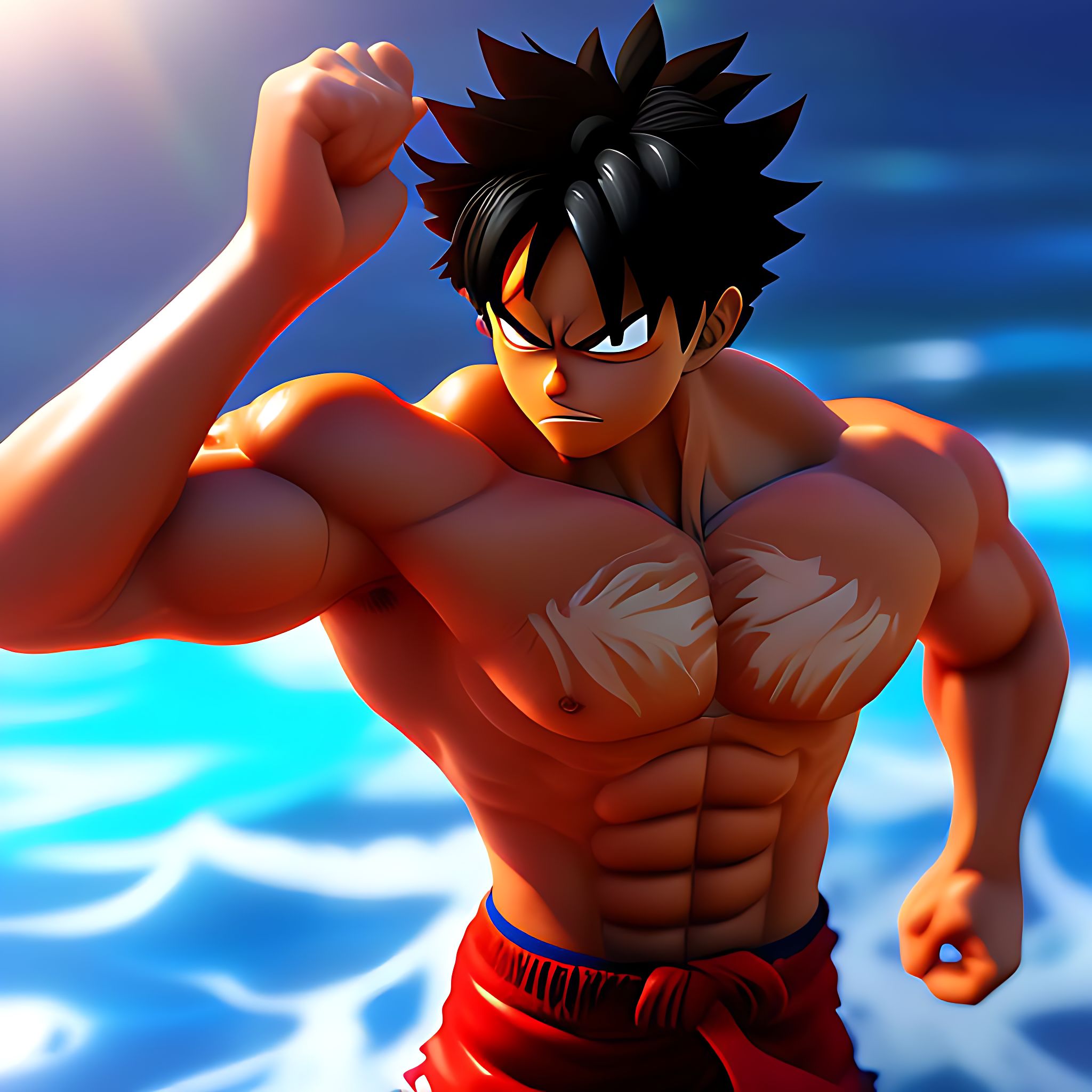 grownalpaca714 Luffy swimming realistic 3d animated pic with great