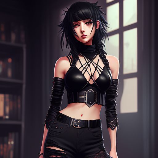 bright-eel485: emo girl with ankle length blair hair in two braids and  bangs. black crop top and black jeans with tall black boots. include full  body SAFE FOR WORK my hero academia