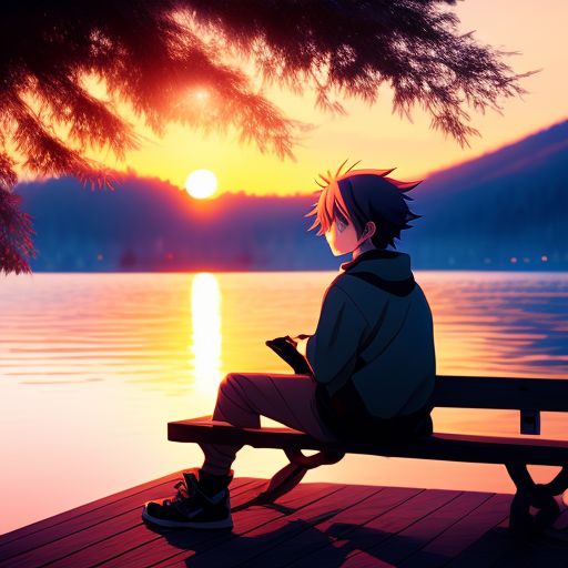 Adolescent anime boy sitting on a wooden bench by the lake at sunset., Anime style