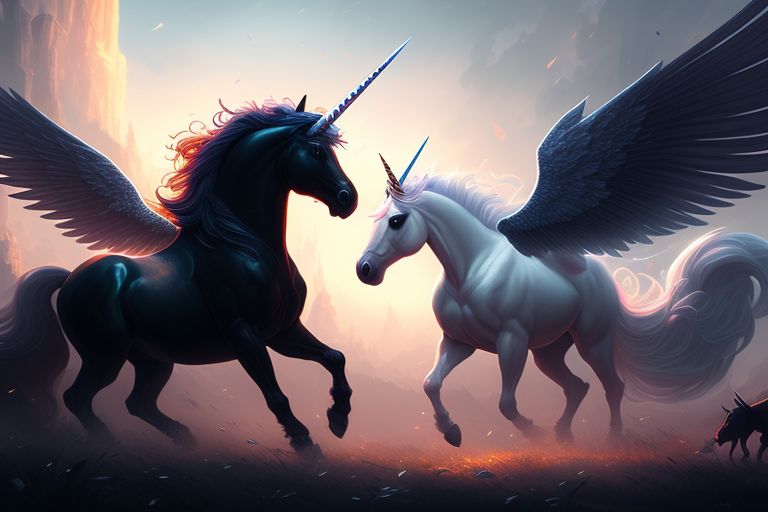 white winged unicorn fighting a black tailless unicorn in a magical battle, Highly detailed, Fantasy, Epic, Digital painting, Artstation, contrasting lighting, Sharp focus, Intricate, art by loish and samyang and mandy jurgens and artgerm, Trending on Artstation HQ, deviantart.