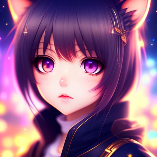 very cute small anime neko girl, ideal tiny body, very close face pov, colorful lights, detailed eyes, galactic in eyes
