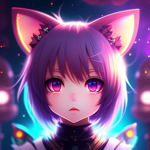 very cute small anime neko girl, ideal tiny body, very close face pov, colorful lights, detailed eyes, galactic in eyes