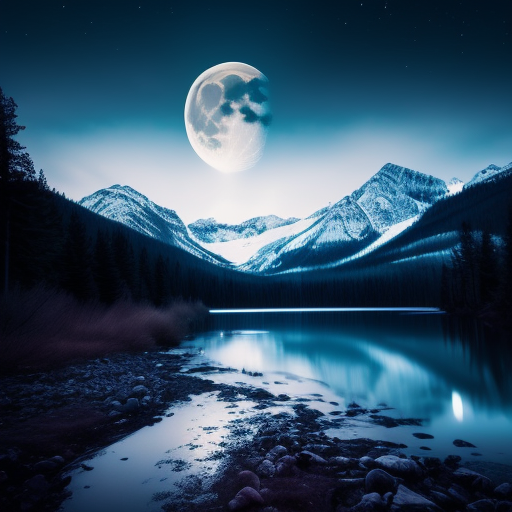 yummy-otter361: You stand by the swiftly flowing river on a dark night. In  the distance, a row of towering mountains with their peaks covered in  glistening snow under the moonlight. Surrounding you