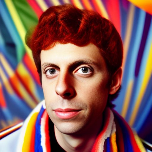 A psychedelic portrait of Sam Altman, self portrait , Unusual, Fashion photography, 70s fashion