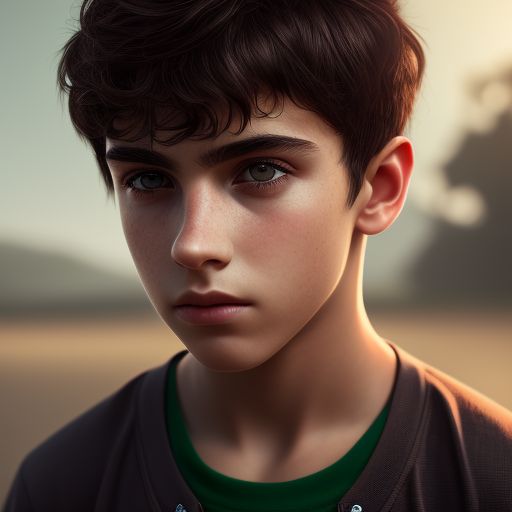 harmful-rail505: a boy with black silky hair, green eyes,tanskinned,red  shirt,teenager,detailed,painstaking detail to the face