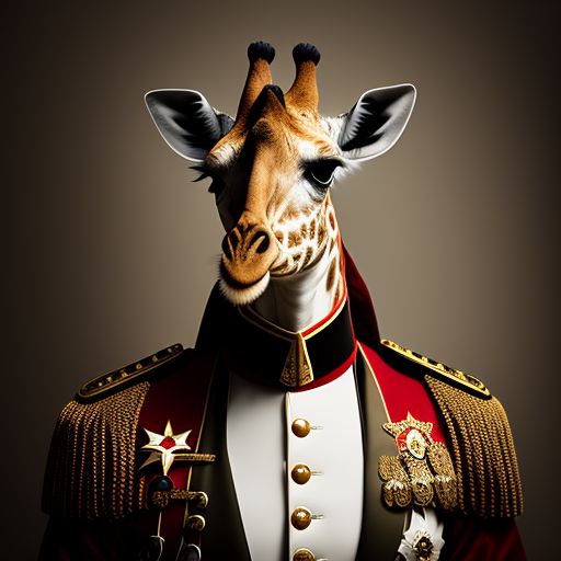 anthropomorphic, Giraffe Commander., animal head on a person, serious, wearing elaborate military general uniform, Professional, Studio photo, Portrait, medium by Louis Daguerre