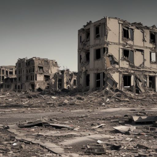 Photograph of, Desolate wasteland., Destroyed city, Post-apocalyptic, Nuclear fallout, War zone, Ruins, Bombed out, Abandoned buildings