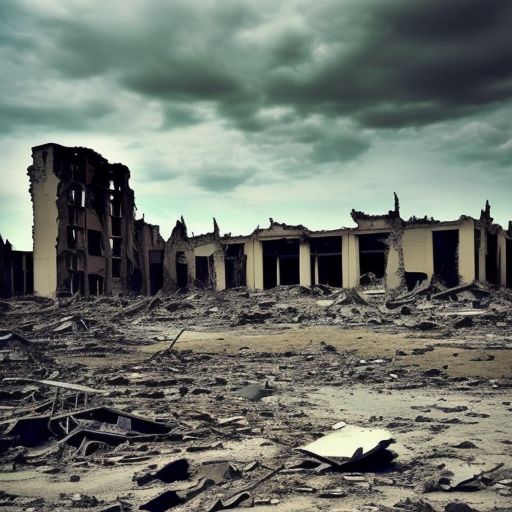 Photograph of, Desolate wasteland., Destroyed city, Post-apocalyptic, Nuclear fallout, War zone, Ruins, Bombed out, Abandoned buildings