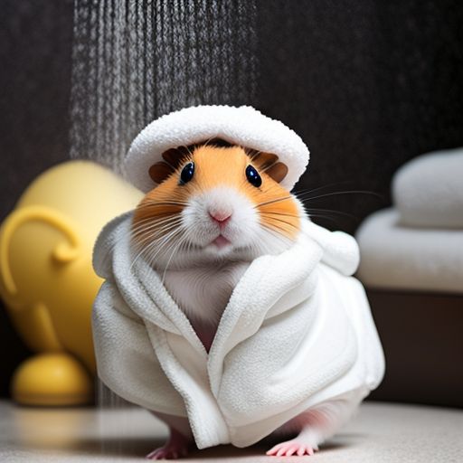 denserook885 A hamster in a bathrobe and slippers and a shower cap