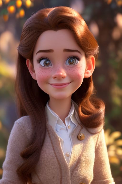 brown hair girl with freckles, Masterpiece, best quality, realistic disney animation  face, Realistic, realistic disney animation characters, realistic disney animation environment, realistic disney animation body, beautiful realistic photo of a realistic disney animation character, disney animation cinematic, nice shot, Long shot, fullbody