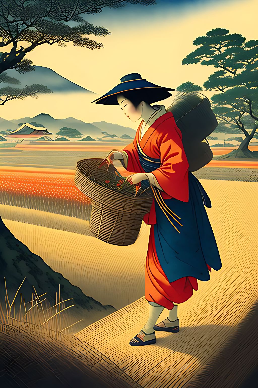 BKMiller428: ukiyo-e Japanese watercolor masterpiece of a pretty peasant  farmer harvesting rice by hand