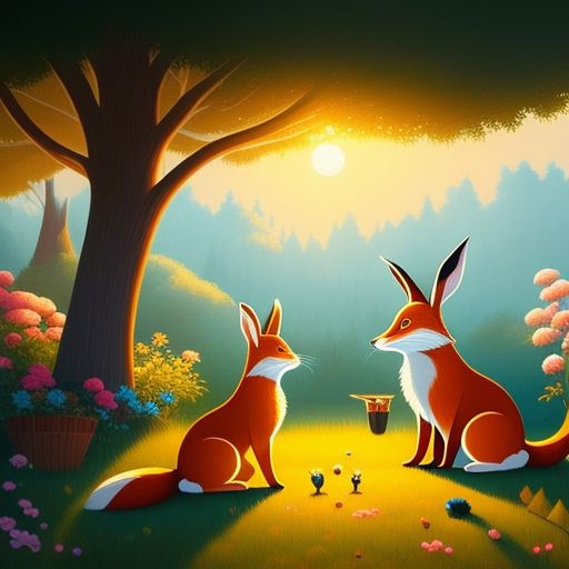 fair-beaver733: rabbit and a fox sharing a picnic high res