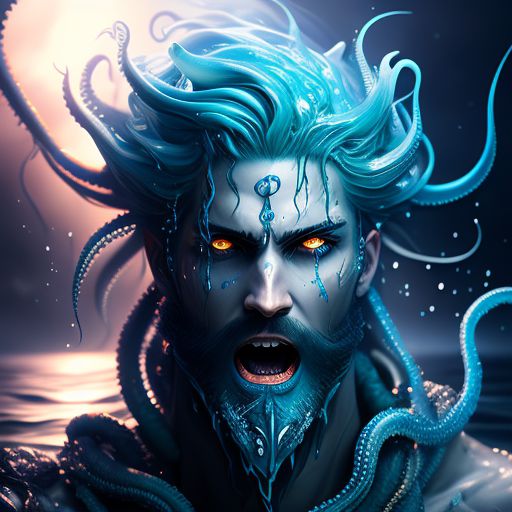sea god, tentacles, sharp teeth, blue eyes, wet hair