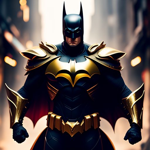leondgnx: batman wearing gold armor and headband full-body , style like  Saint Seiya , in a battle, in the damage city, The scene is enhanced with  soft lighting and presented in the