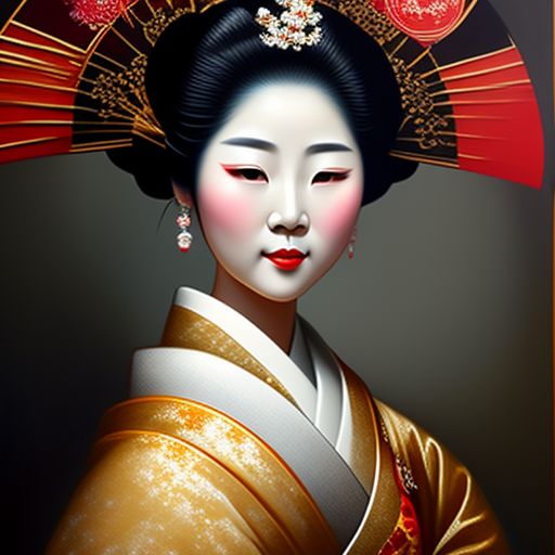 chiefpig866 oil painting Japanese geisha and coffee beans fan
