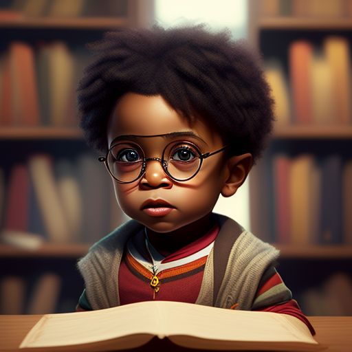 very cute tiny, african american three year old Harry Potter with eye glasses , sitting in a library , rim lighting, adorable big eyes, small, By greg rutkowski, chibi, Perfect lighting, Sharp focus