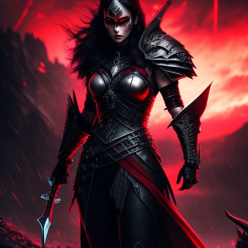 evil-stork964: In a dark dystopian future, a resilient female warrior clad  in shimmering silver armor stands at the edge of a barren wasteland. The  sky above her is dark and stormy, and