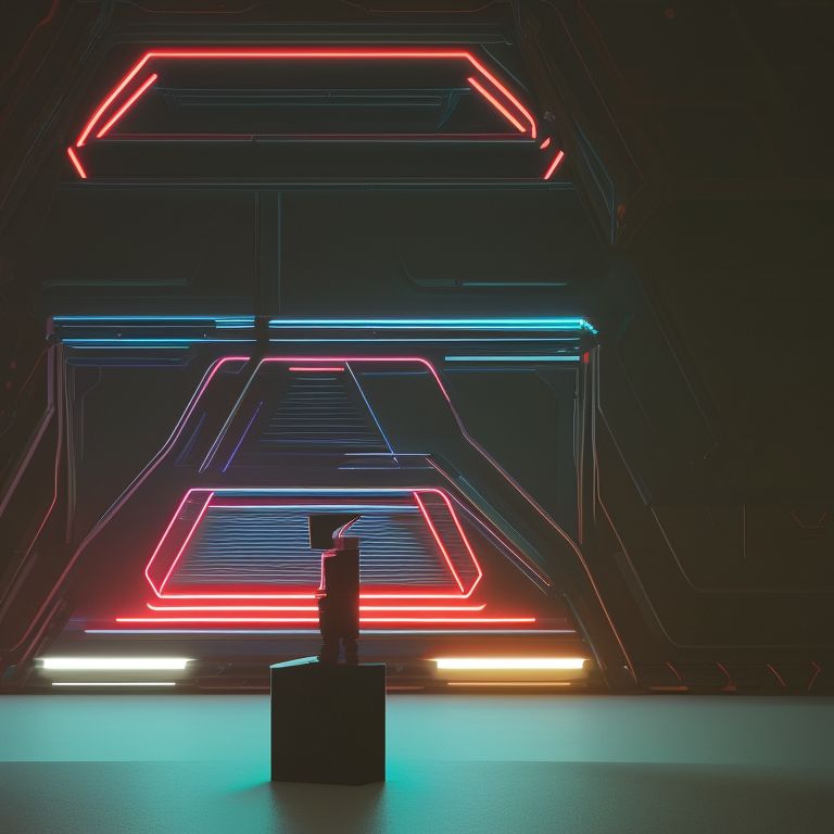 noviolart a black geometric sculpture in a dark room. Neon light coming from within