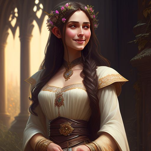 Profuse Ram578 Full Length Portrait Of A Female Half Elf With Long Brown Hair Flowers In Hair 9888