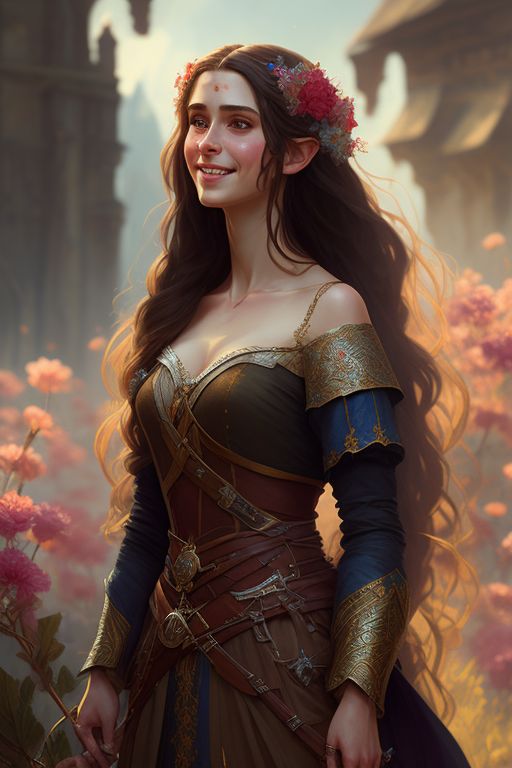 Profuse Ram578 Full Length Portrait Of A Female Half Elf With Long Brown Hair Flowers In Hair 