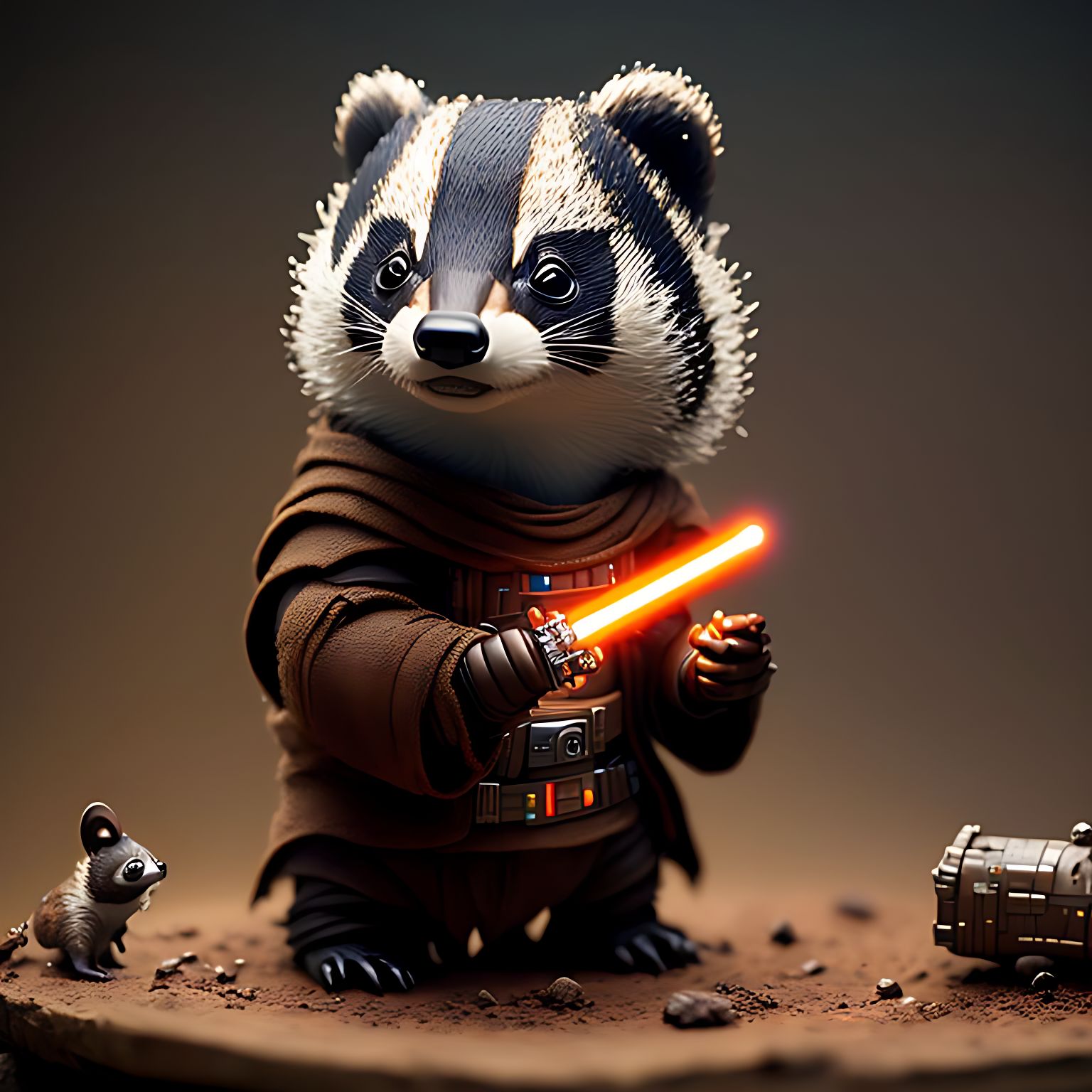 muffled-dove372: A brown badger wearing a Jedi suit with a lightsaber