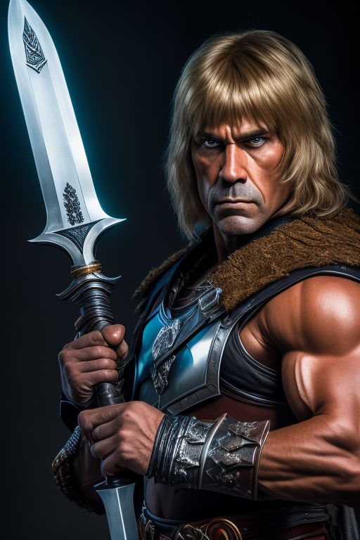 Gritty realistic portrait of He-Man holding a sword and wearing a grey utility armor from the cartoon He-Man, castle Grayskull im background , Alberto, Canon EOS R6, Prime lens photography, Perfectly balanced dim lighting , Real human skin, White balance, Sharp details