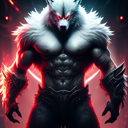muscular white werewolf in a futuristic outfit with red eyes