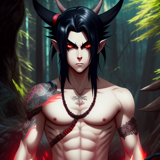  joint-ape4 un joven elfo oscuro con el pelo blanco recogido en una cola de caballo y ojos vagamente rojos con un tatuaje de dragón sobre el ojo en un bosque místico al estilo anime