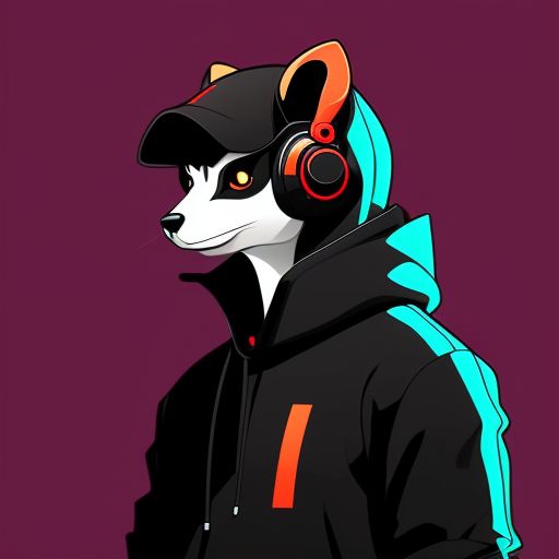 Scaly horse399 mecha weasel wearing a black hoodie and headphones dark