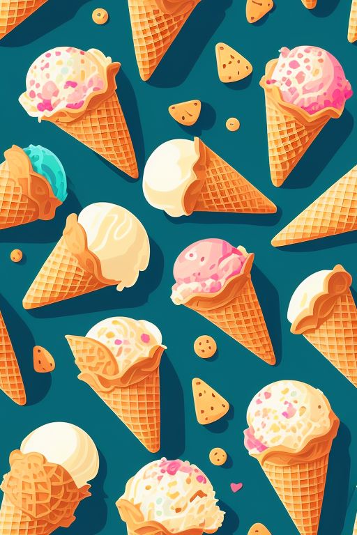 illustrations, 2d flat vector, wallpaper, Ice cream cones and cookies, flat color vector, Seamless repeating pattern, Detailed, symmetrical tiled patterns, repeating texture, repetitive and consistent