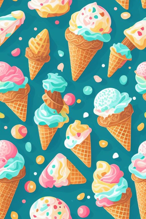 illustrations, 2d flat vector, wallpaper, Ice cream cones and cookies, flat color vector, Seamless repeating pattern, Detailed, symmetrical tiled patterns, repeating texture, repetitive and consistent