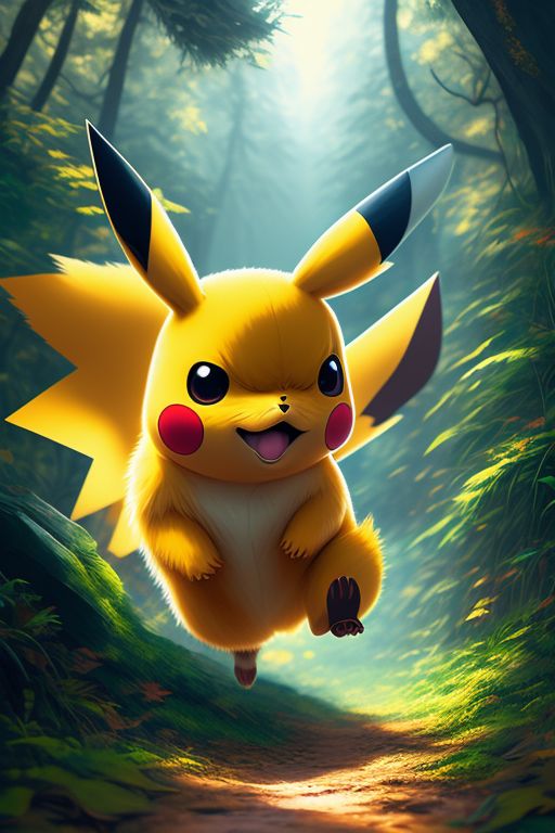 Gritty realistic portrait of Pikachu running in the pokemon forest , In the art style of Ilya Kuvshinov  and Jean Giraud, Japanese anime, 16K, Fine stroke with high defination feeling, Color outlined, Retro, Centered and symmetrical