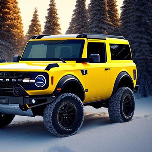 lame-jay411: A Ford dealership named Hiller Ford is in the background  during winter time with snow in the trees and on the cars. There is a  yellow 2023 Ford Bronco sport with