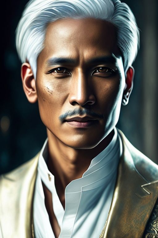 RADiCAL Jose Rizal with white hair and bluish eyes wearing white