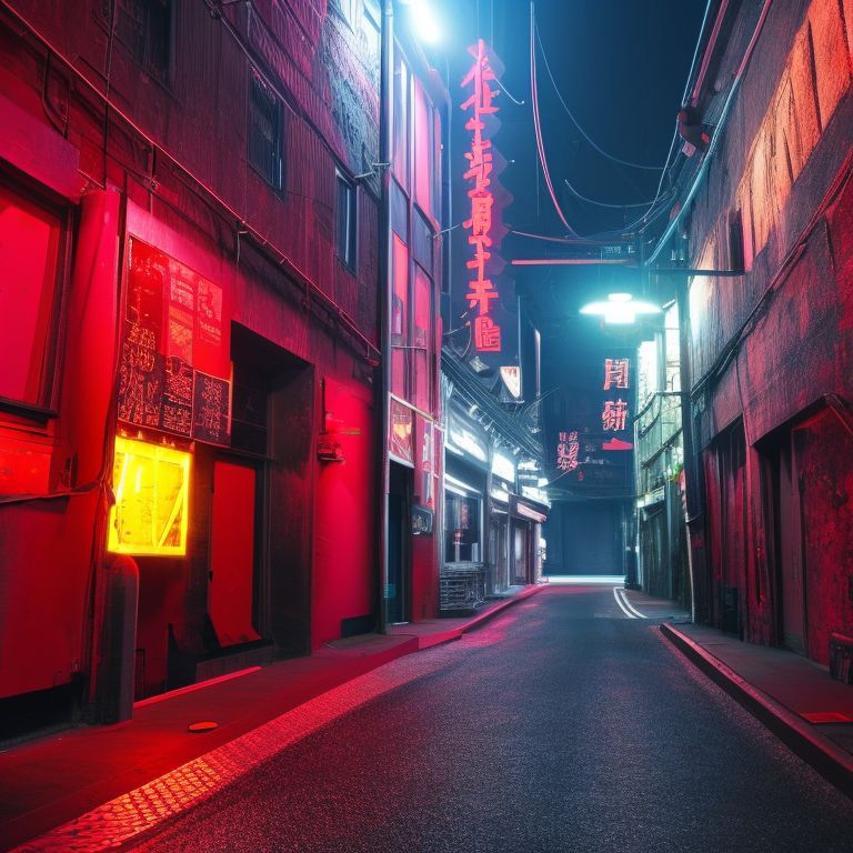 a flat lay red wall of a dark alley with neon lights cyberpunk and japanese styled
, cyberpunk, Apocalypse , Dark fantasy, Cityscape, 8k wallpaper, Dark color palette, Hieronymus Bosch, H. R. Giger, Wasteland, alley, Japanese
