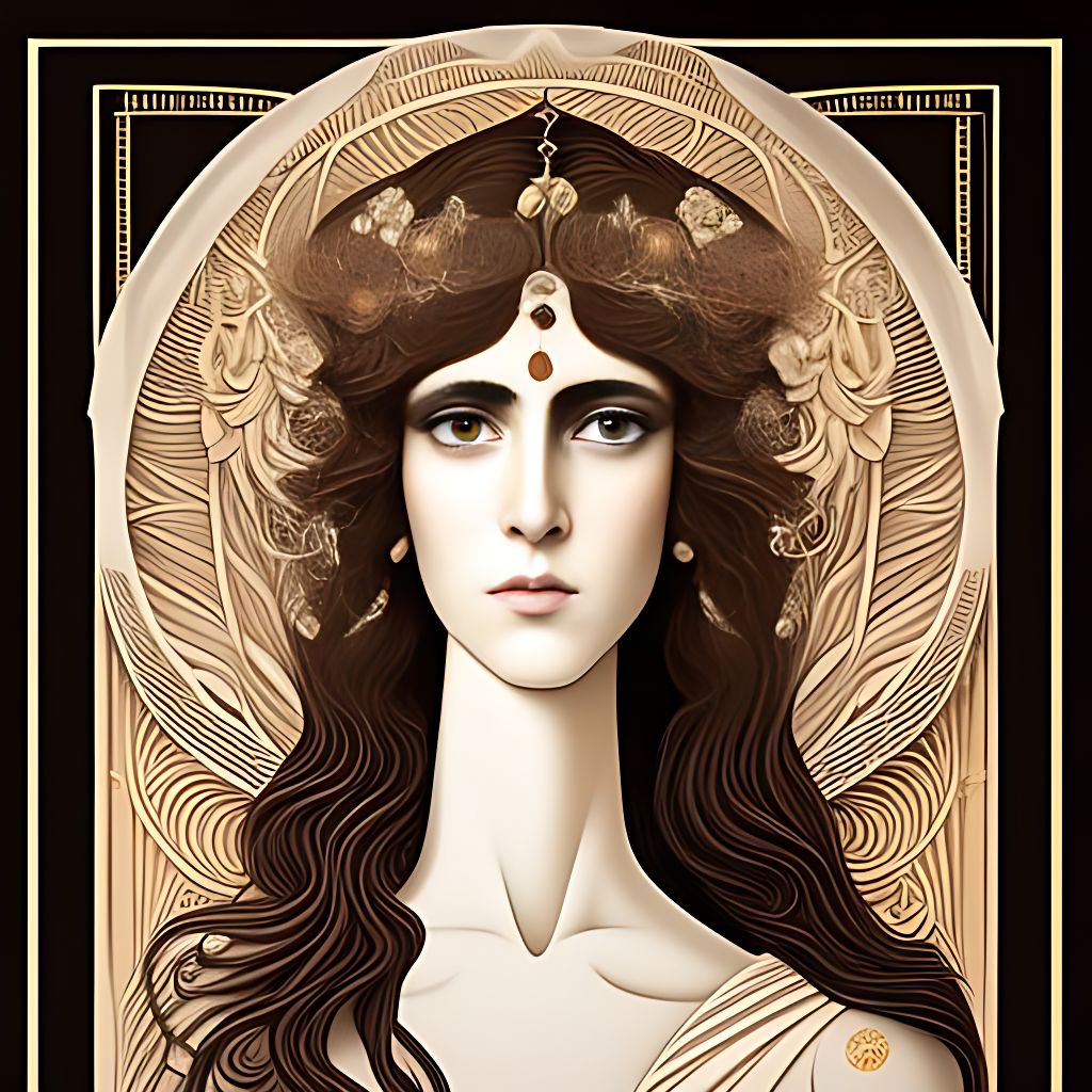  beautiful greek young woman, painted by Aubrey Beardsley,  celestial etheral, brown, long wavy hair, round face, muted colors, pastels colors, expressive, high detail, hyperrealistic, golden eyes, flowers, pastels, intricate artwork, sensuality, ancient greece background, symmetrical,, Stunning woman portrait