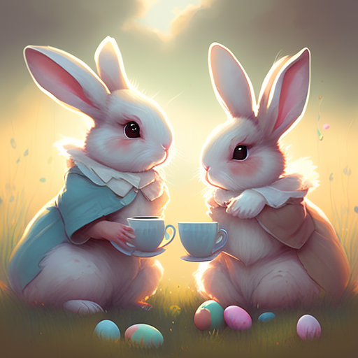 promptart: cute easter bunnies drink coffee, meadow background