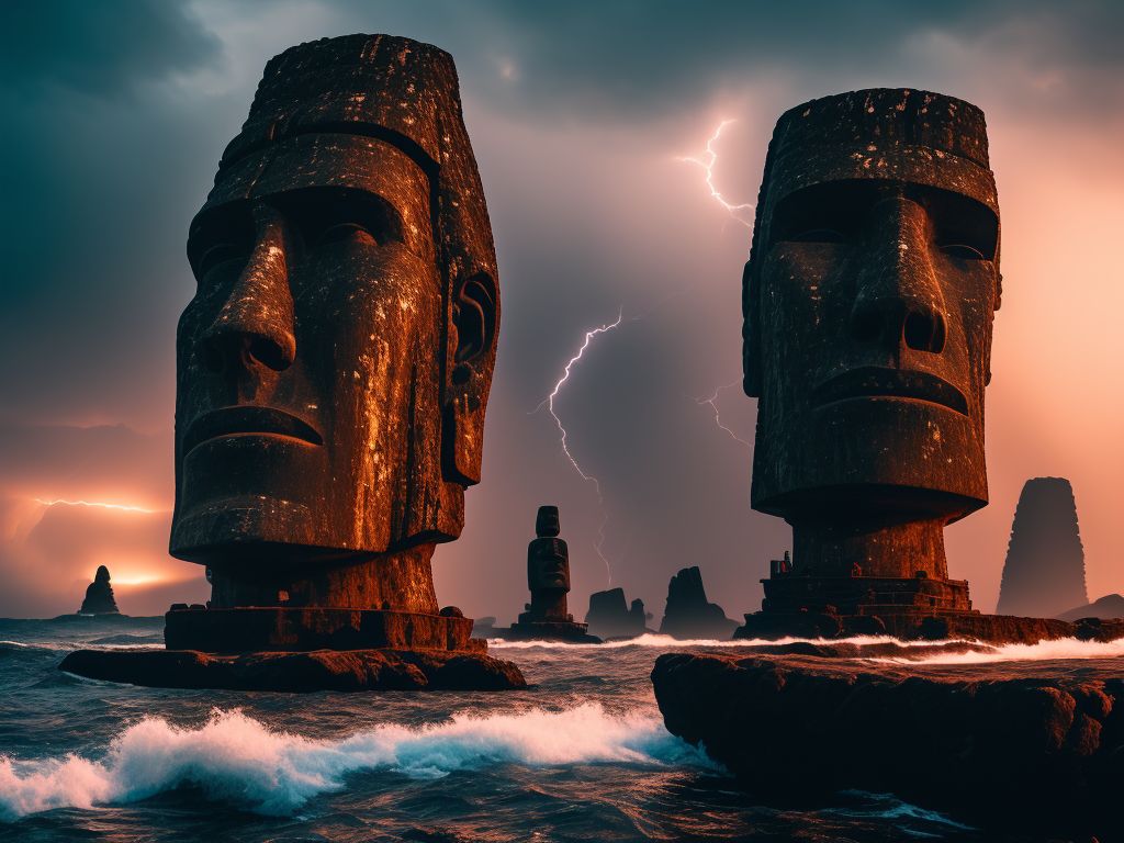 Digital art of a moai statue against a dramatic background