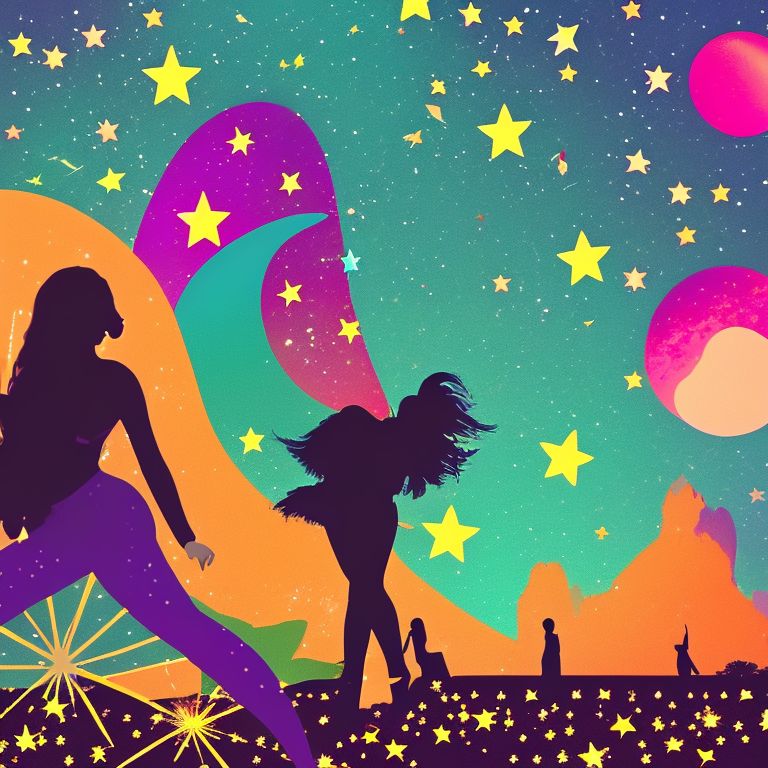 stars and moon with nice girls shadow cosmic dance eighties music psychedelic , disco music, 70s retro style, pastel, Neon