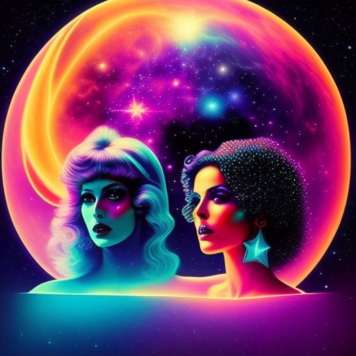 stars and moon with nice girls shadow cosmic dance eighties music psychedelic night, disco music, 70s retro style, pastel