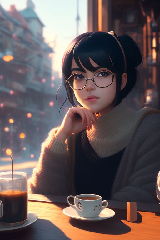Addison Cute Girl In Sweater Black Hair Black Wayfarer Glasses Sitting Inside Cafe Drinking Coffee