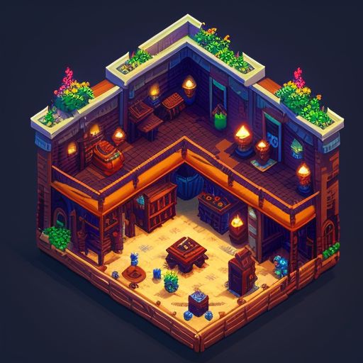 RPG video game, pixel art of top-down style house interior, Buildings and structures, Dark background, Game assets, Vector Graphics, Vector illustration, Highly detailed, Intricate, Symmetrical, Asset store, Unity Asset Store, by humblebundle, by artstation, by deviantart