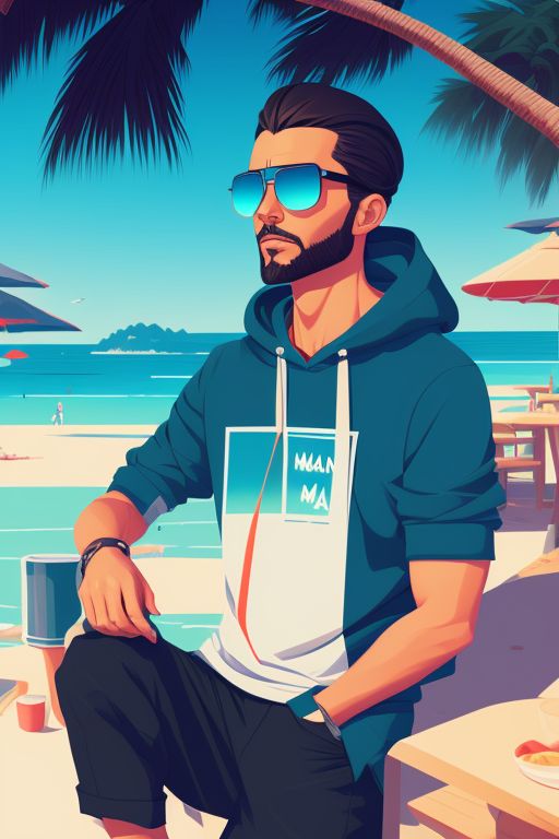 laid-back man with a man bun, wearing a hoodie and mirrored sunglasses, lounging at a beachside café, clean cel shaded vector art, Shutterstock, behance hd by lois van baarle, Artgerm, helen huang, by makoto shinkai and ilya kuvshinov, Rossdraws, Illustration
